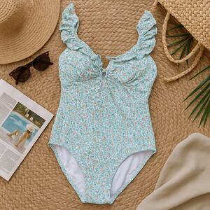 Serendipity Shrimp & Grits Kids Floral Ruffle One Piece Swimsuit Green Womens XS